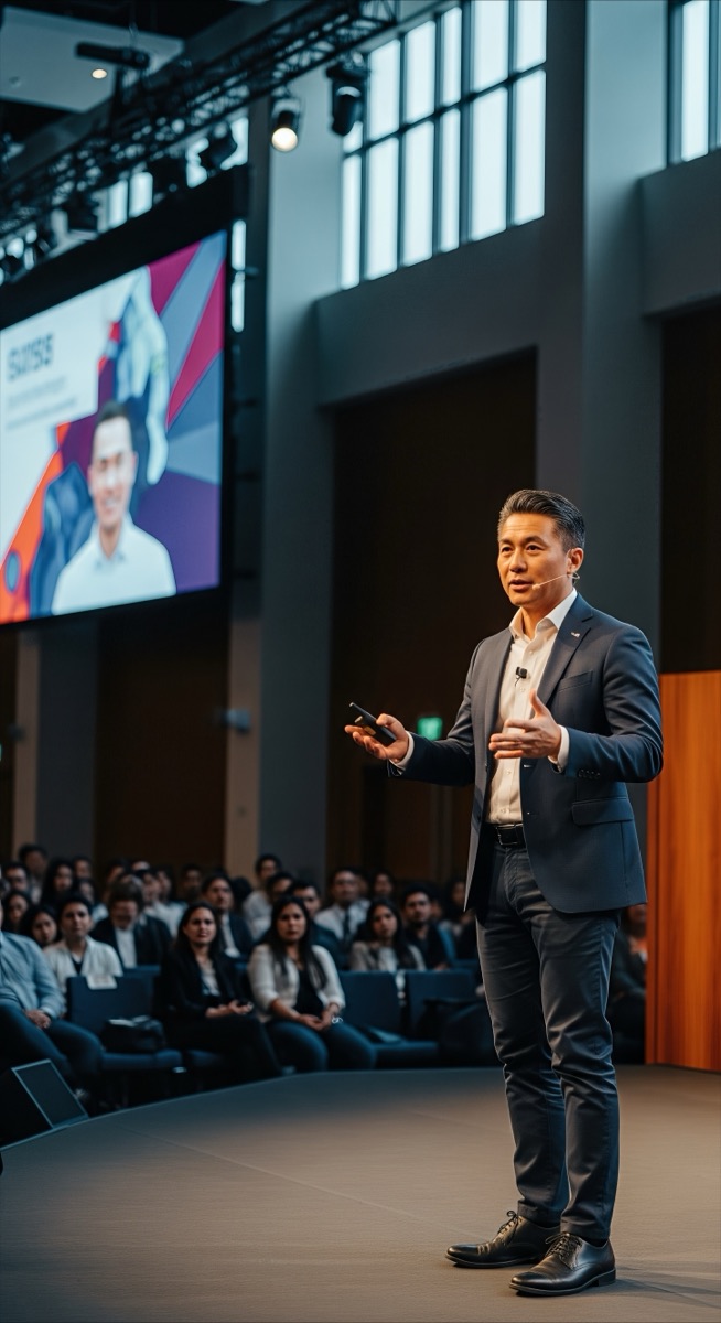 A speaker presenting on stage