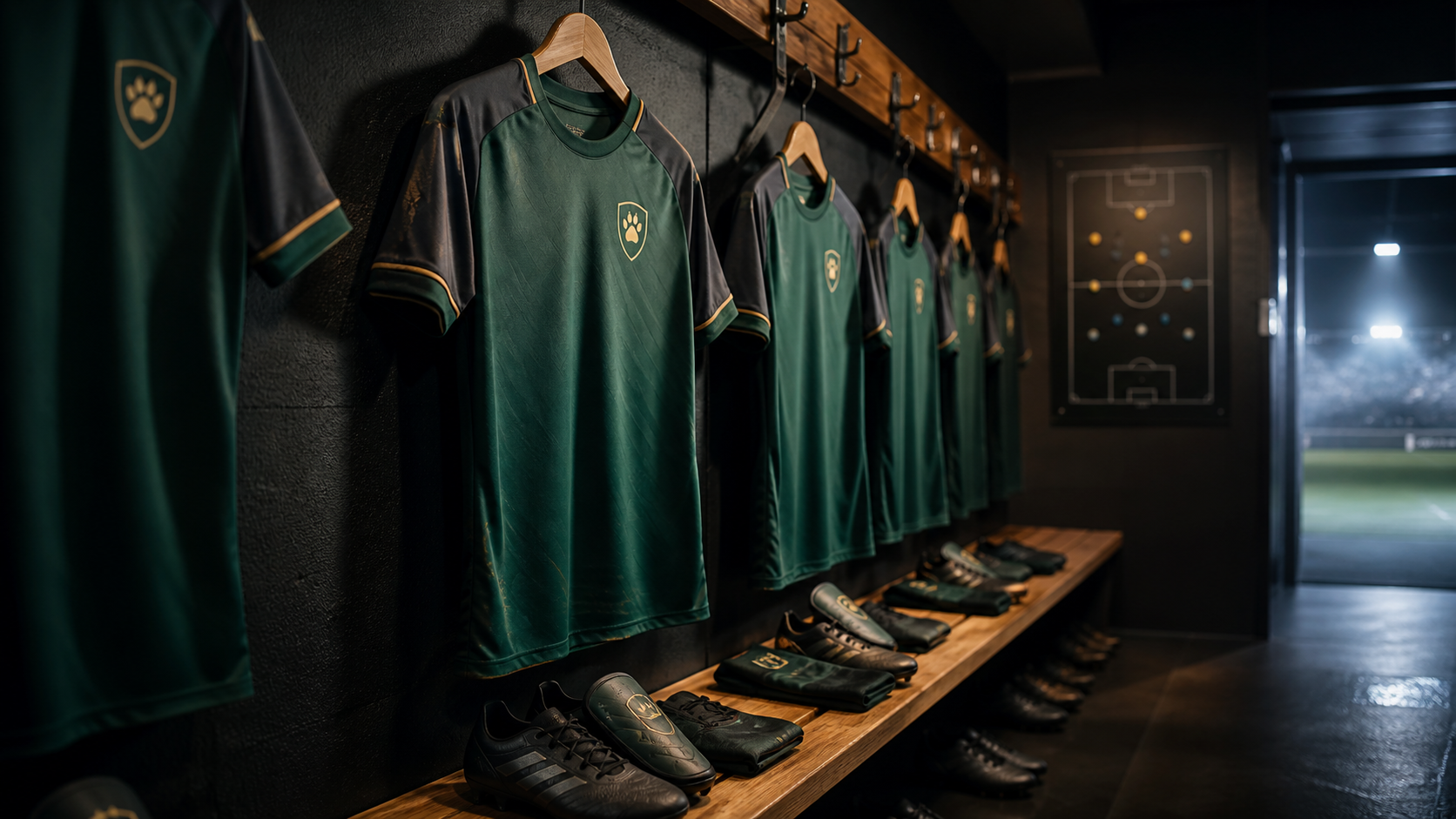 Fictional Wildside FC shirts and football boots in a dressing room