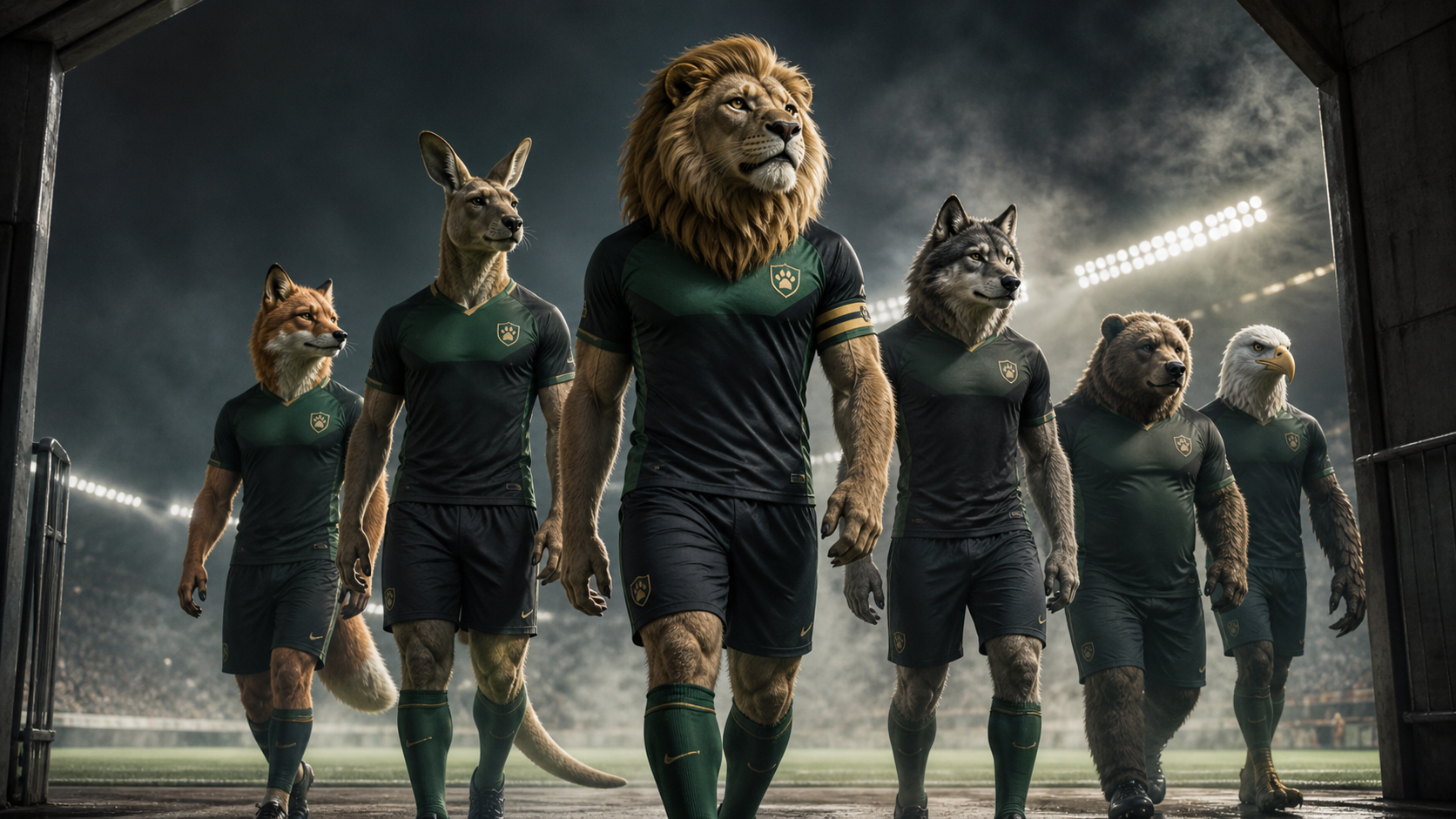 Fictional Wildside FC animal football team walking out from a stadium tunnel